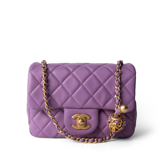 Purple Lambskin Quilted Pearl Crush Mini Square Aged Gold Hardware