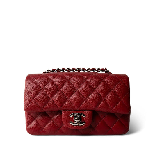 Red Caviar Quilted Mini Rectangular Flap Silver Hardware