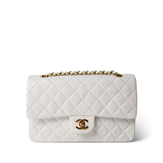 White Lambskin Quilted Medium Classic Flap Gold Hardware