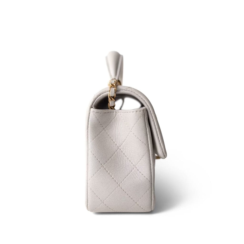 Mini Top Handle Pearly White Iridescent Lambskin Quilted Aged Gold Hardware