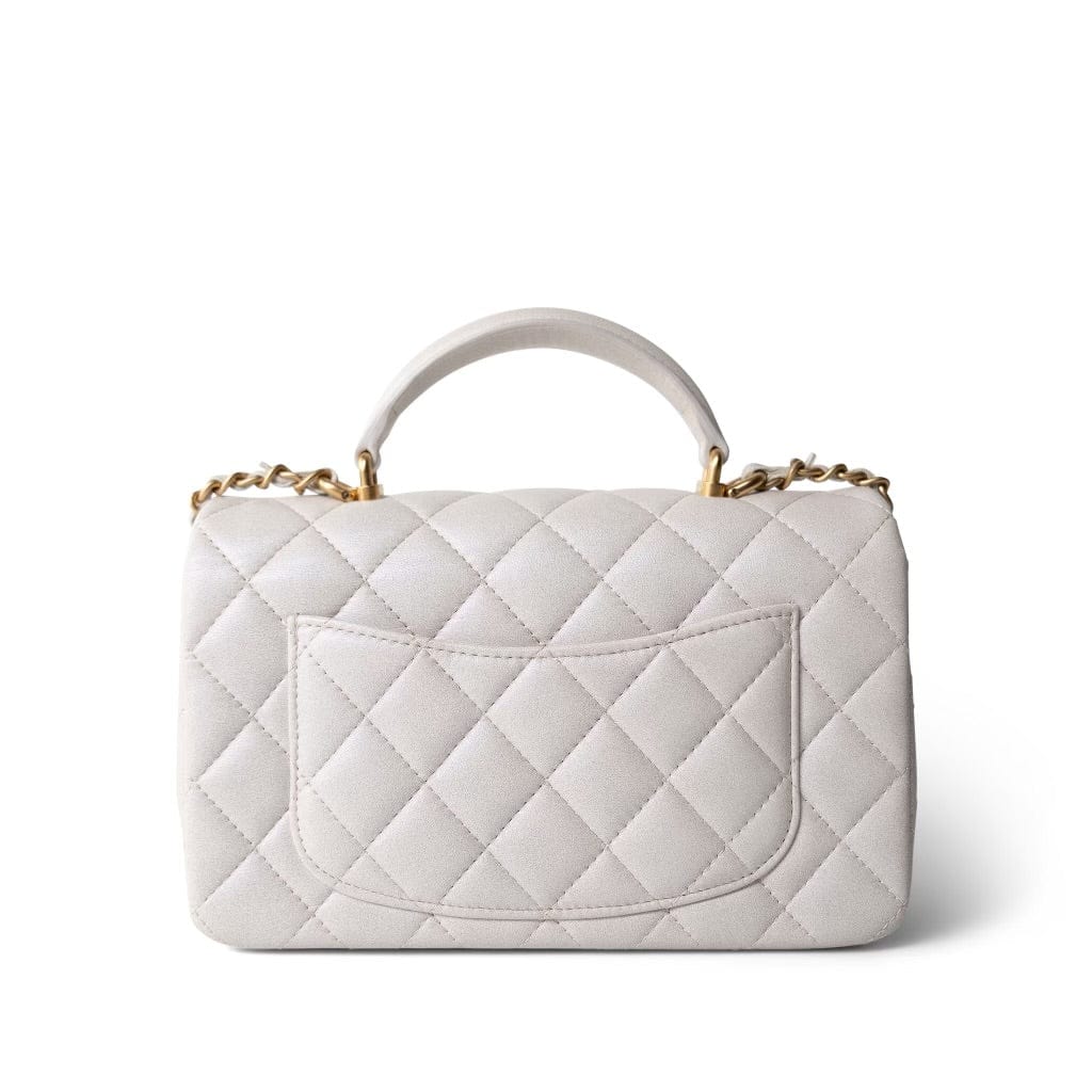 Mini Top Handle Pearly White Iridescent Lambskin Quilted Aged Gold Hardware