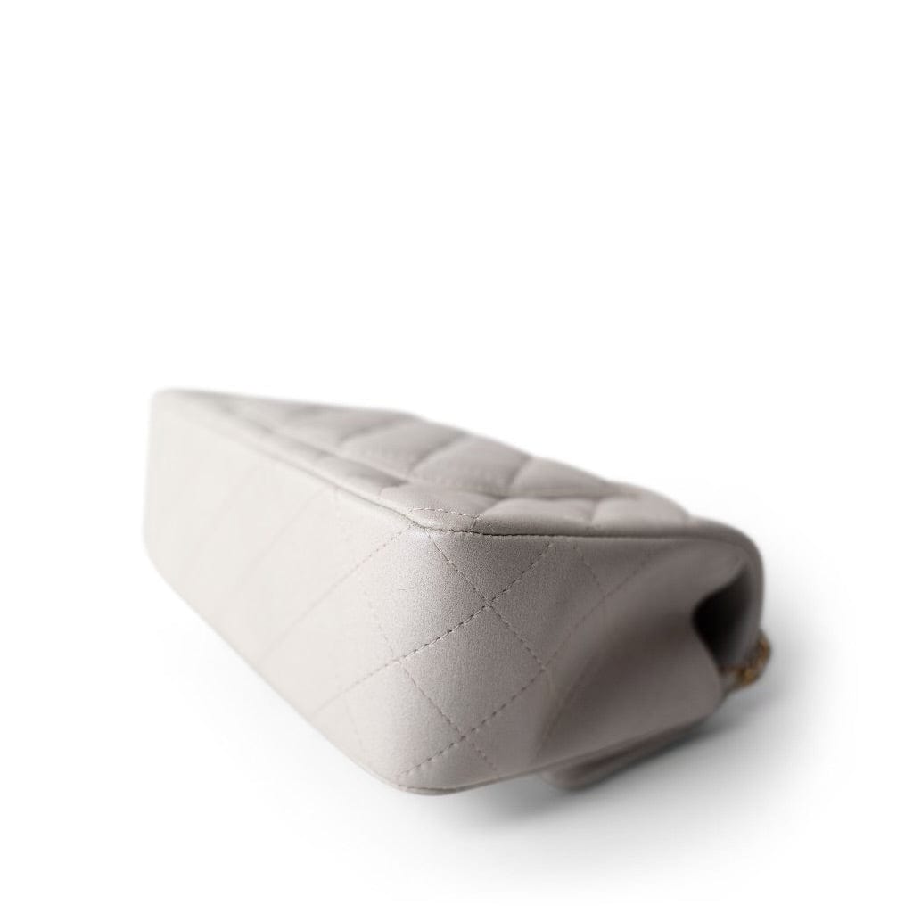 Mini Top Handle Pearly White Iridescent Lambskin Quilted Aged Gold Hardware