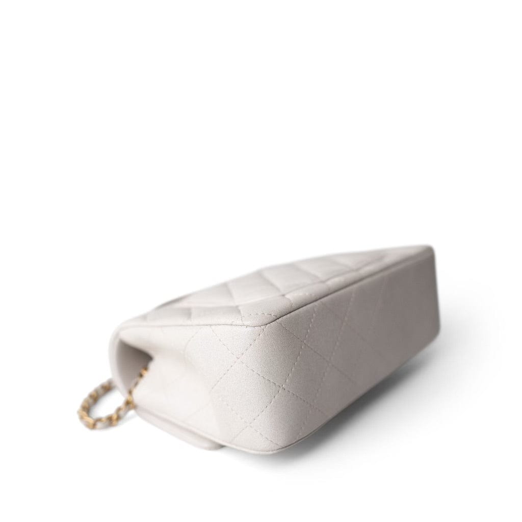 Mini Top Handle Pearly White Iridescent Lambskin Quilted Aged Gold Hardware