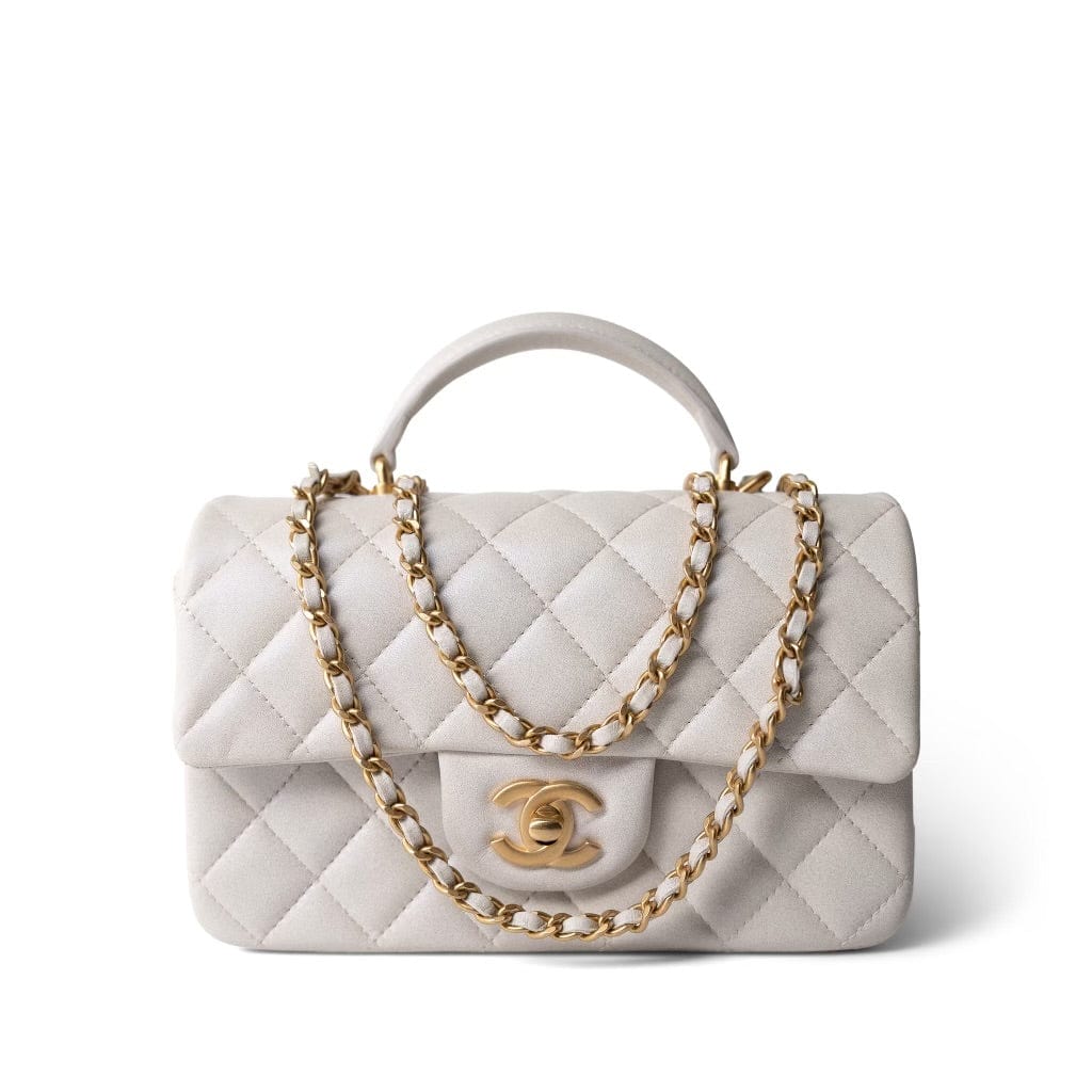 Mini Top Handle Pearly White Iridescent Lambskin Quilted Aged Gold Hardware