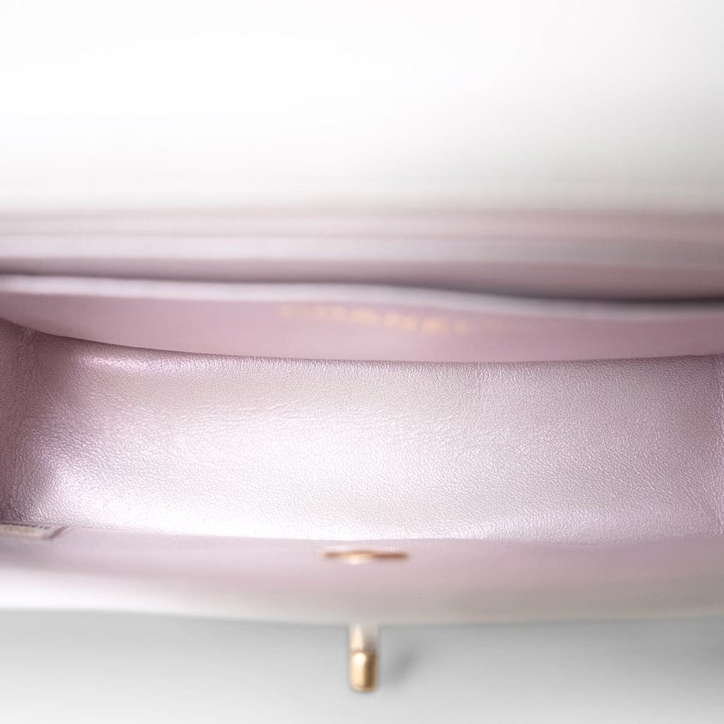 Mini Top Handle Pearly White Iridescent Lambskin Quilted Aged Gold Hardware