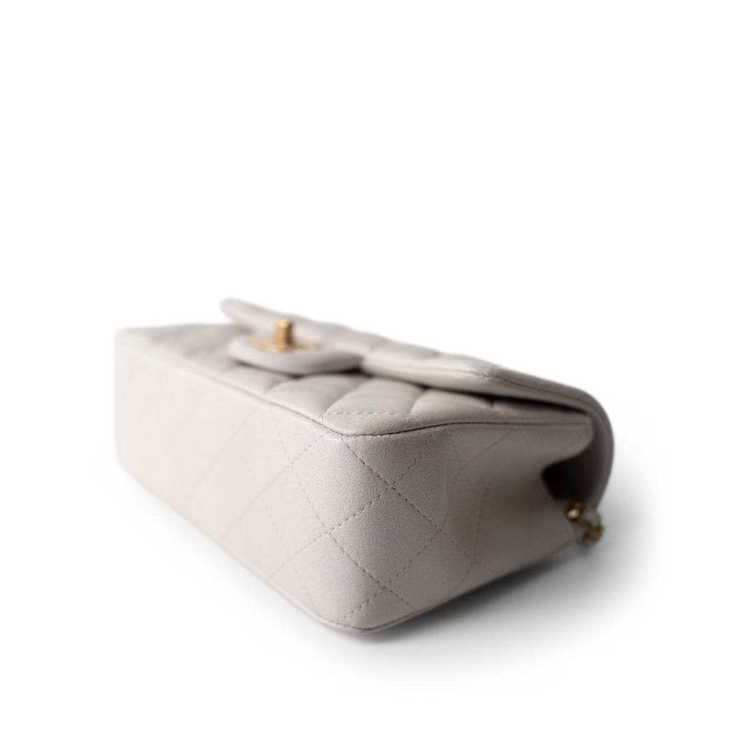 Mini Top Handle Pearly White Iridescent Lambskin Quilted Aged Gold Hardware