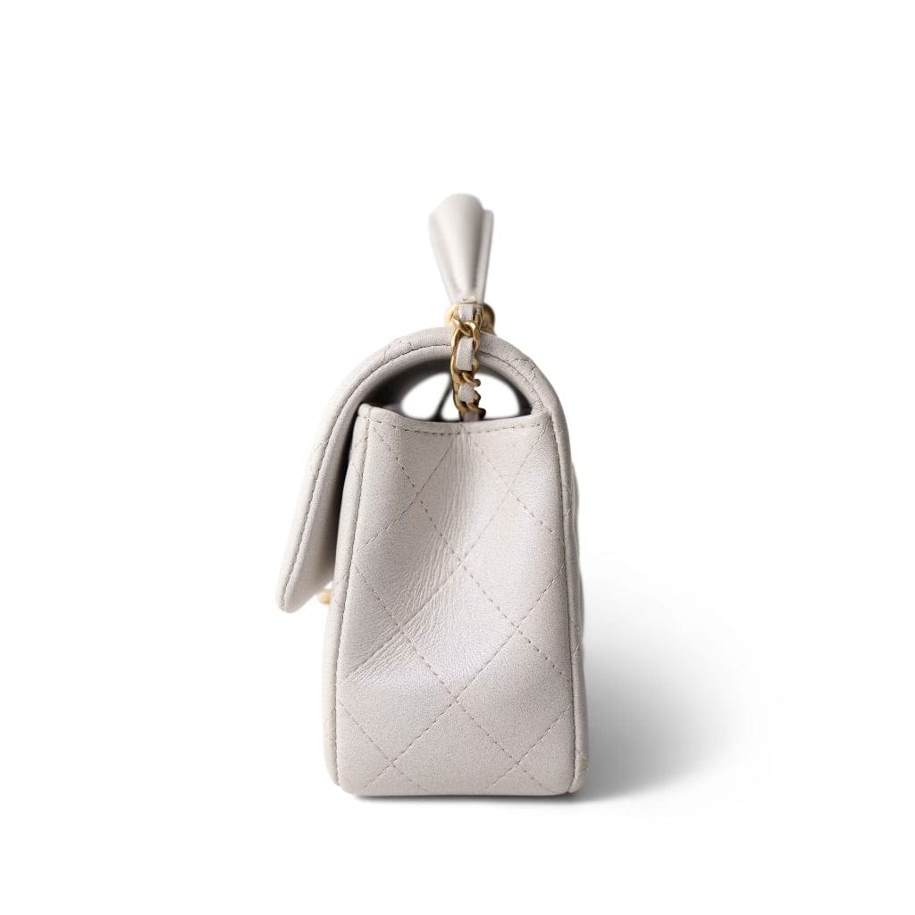 Mini Top Handle Pearly White Iridescent Lambskin Quilted Aged Gold Hardware