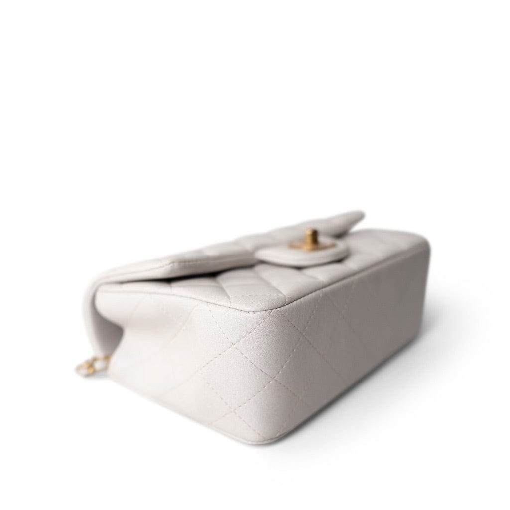 Mini Top Handle Pearly White Iridescent Lambskin Quilted Aged Gold Hardware