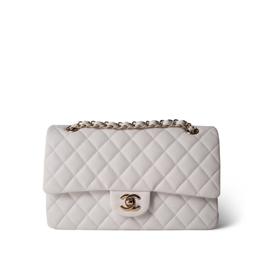 White Caviar Quilted Classic Flap Medium Light Gold Hardware