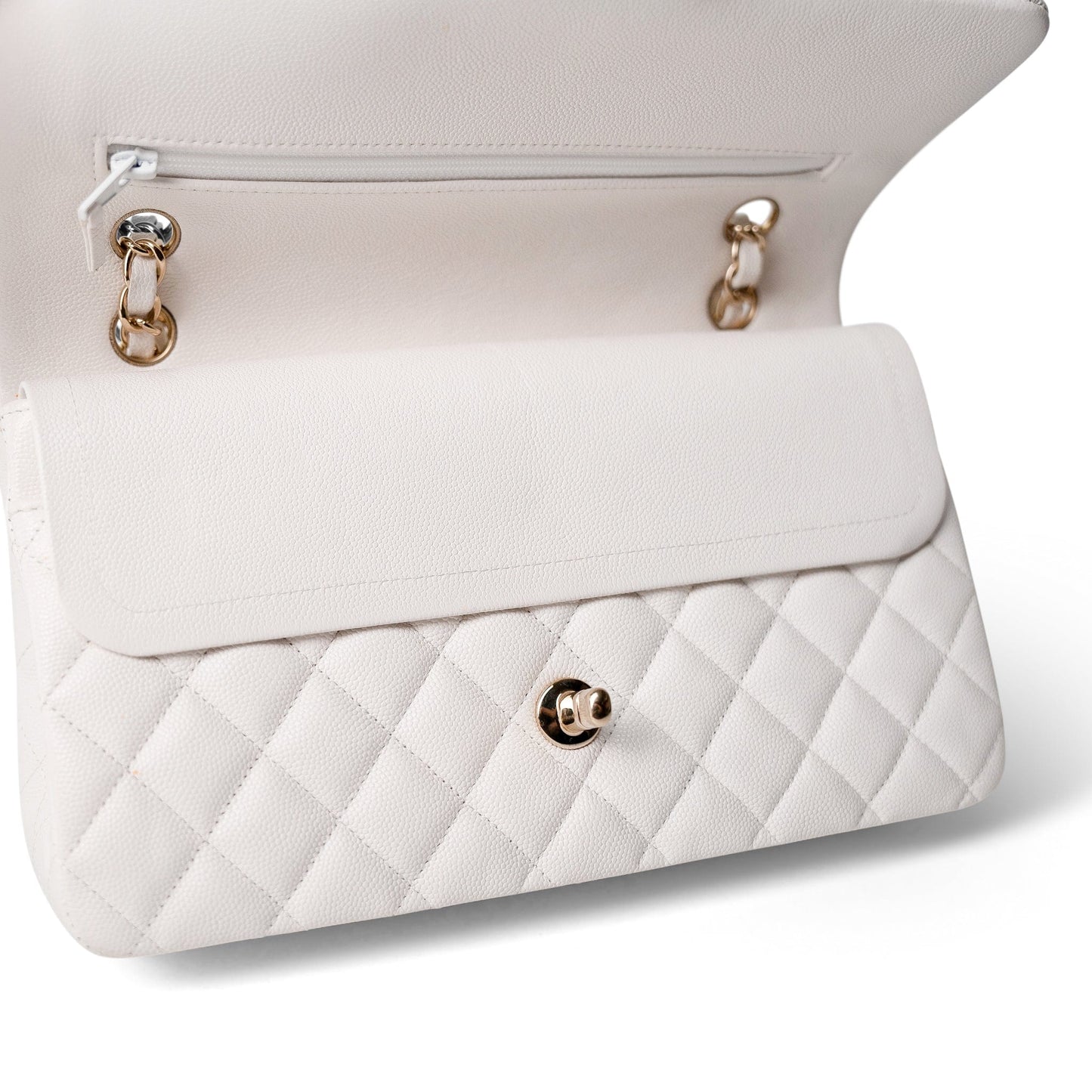 White Caviar Quilted Medium Classic Flap Light Gold Hardware