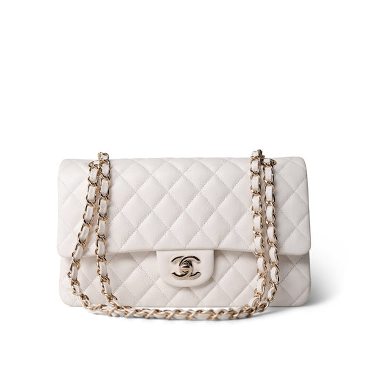White Caviar Quilted Medium Classic Flap Light Gold Hardware