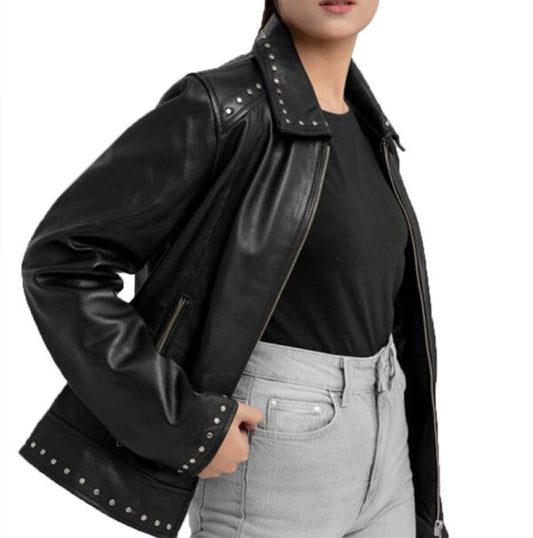 For Womens Classic Studded Black Leather Jacket