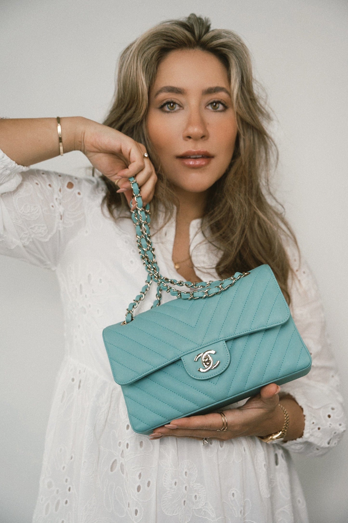 Tiffany Blue Caviar Chevron Quilted Classic Flap Small LGHW