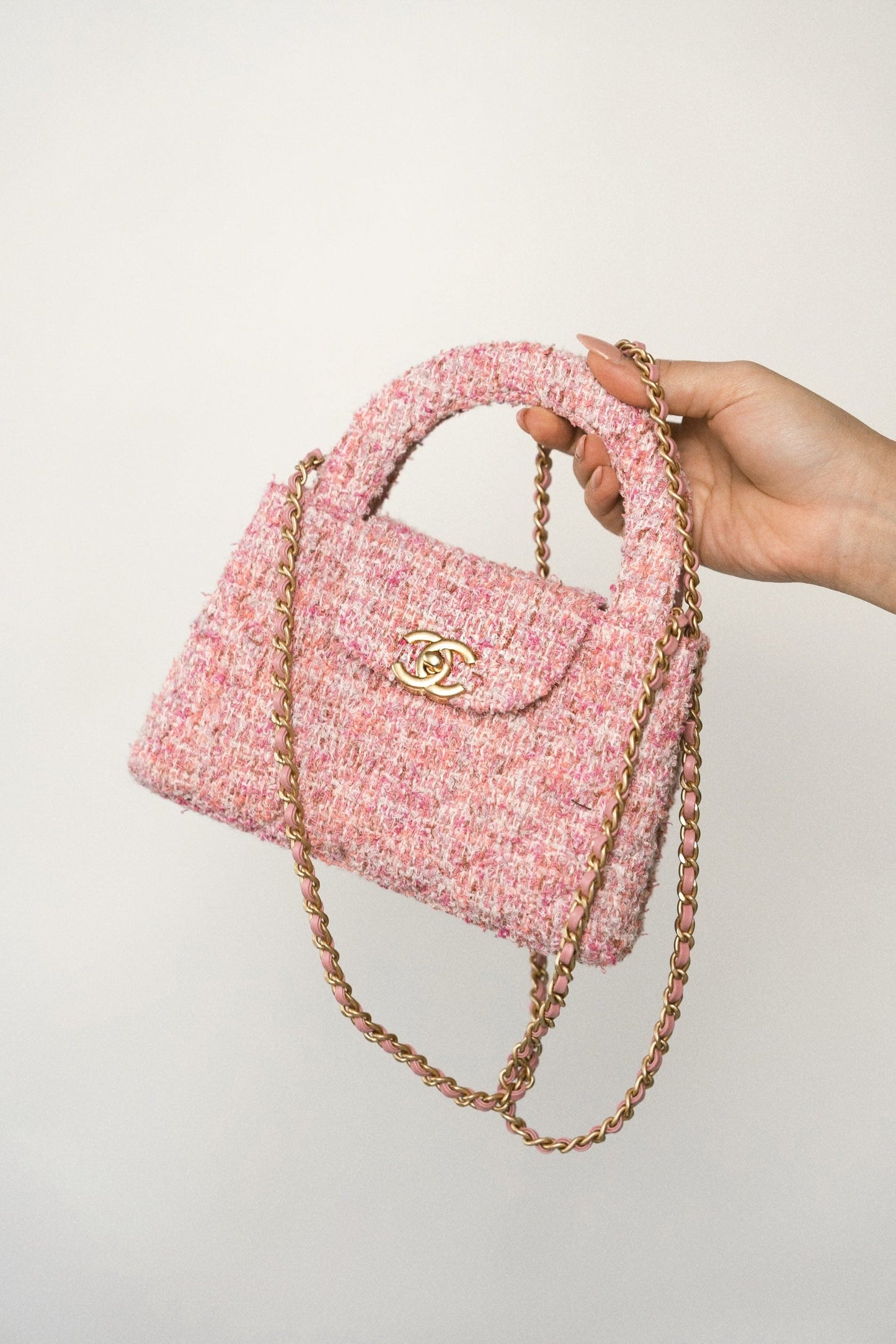 24P Pink Tweed Quilted Nano Kelly Shopper Aged Gold Hardware