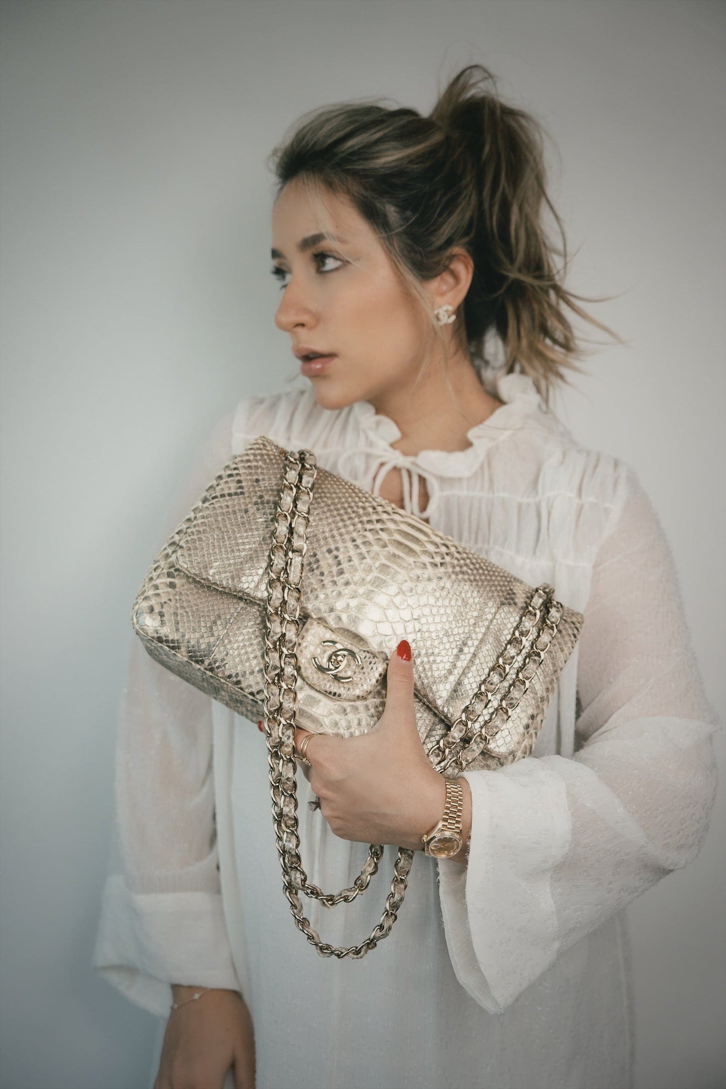 Pearl Python Jumbo Classic Flap Light Gold Hardware