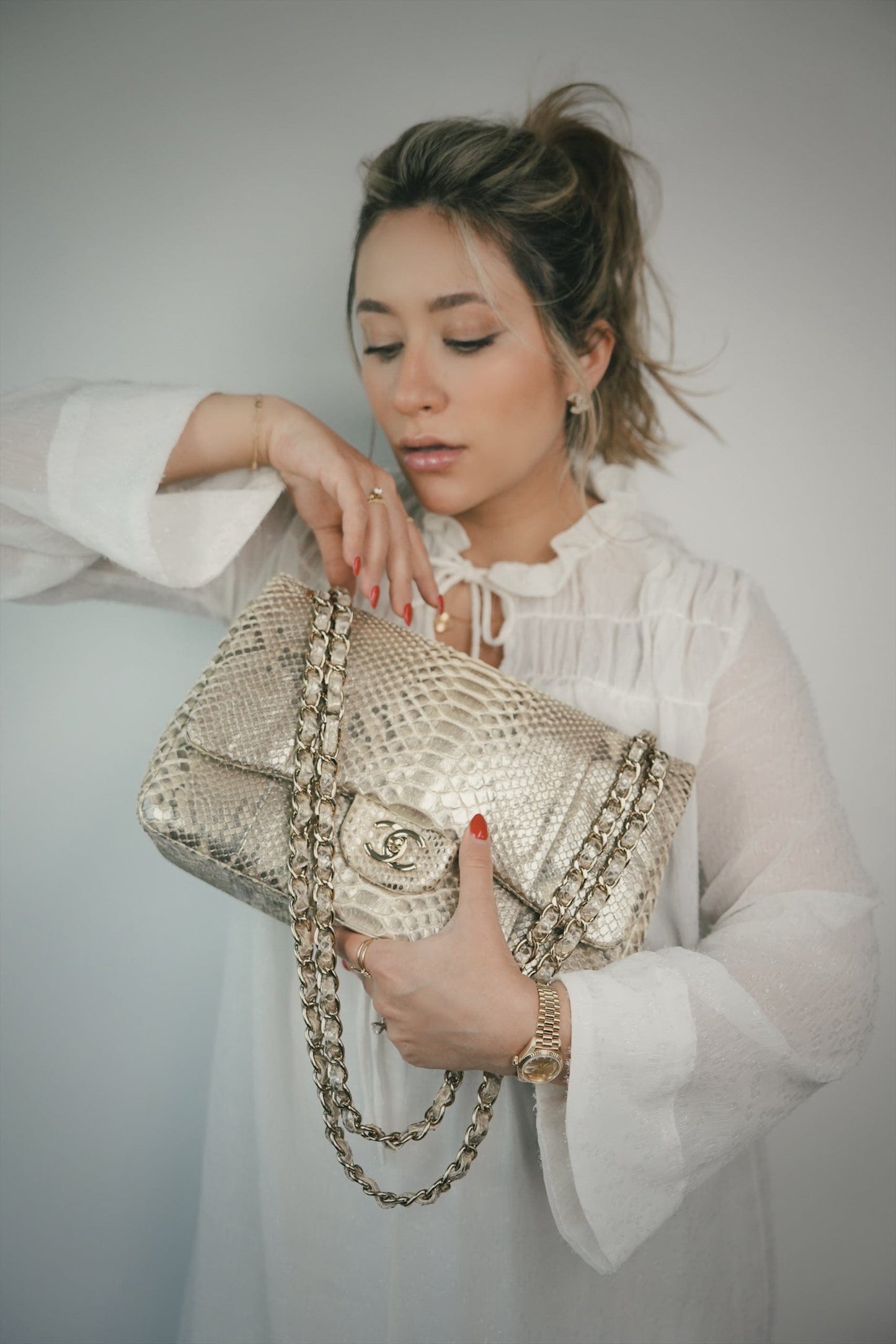 Pearl Python Jumbo Classic Flap Light Gold Hardware