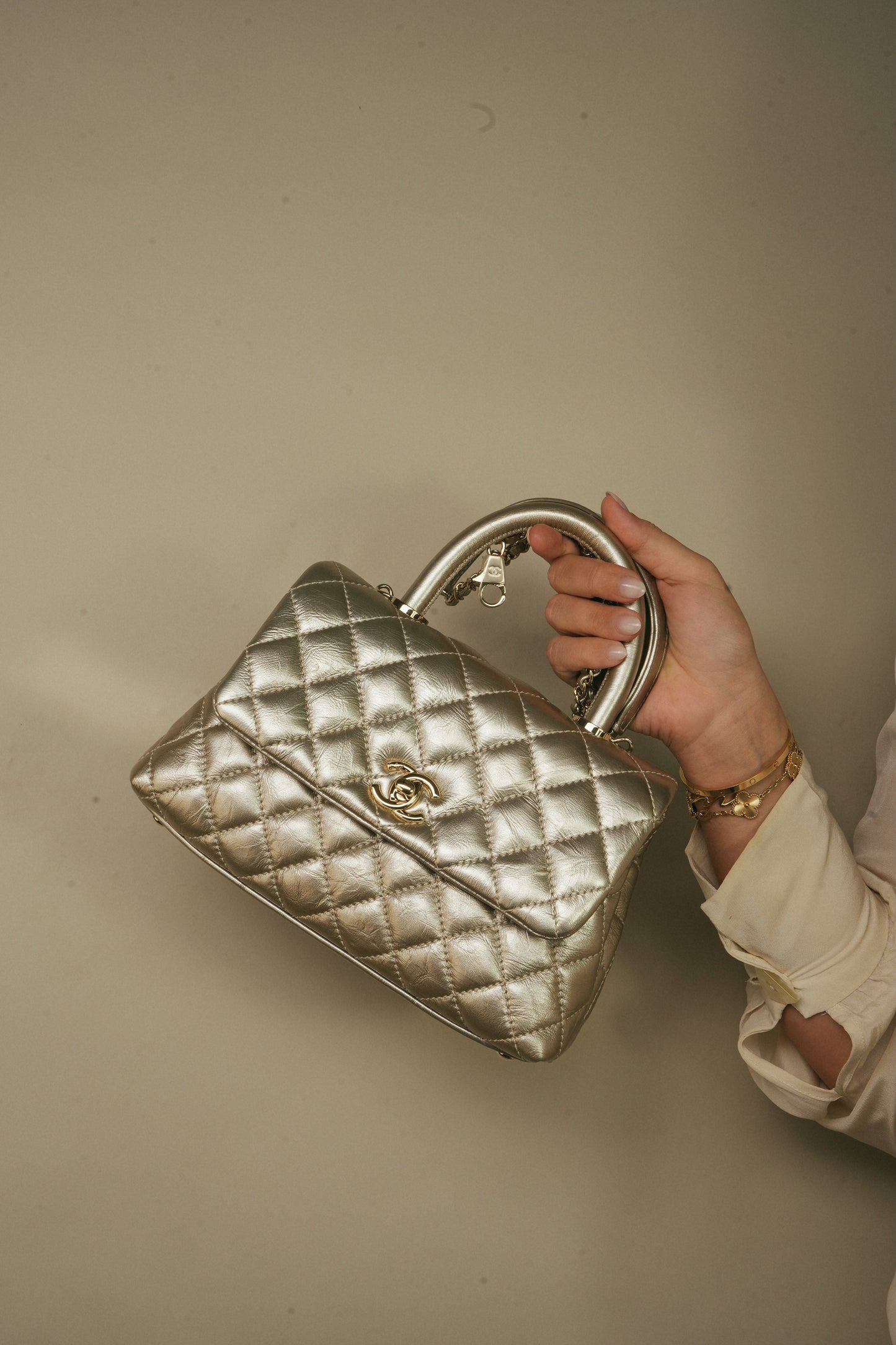 20A Metallic Aged Calfskin Quilted Small Coco Handle Light Gold Hardware