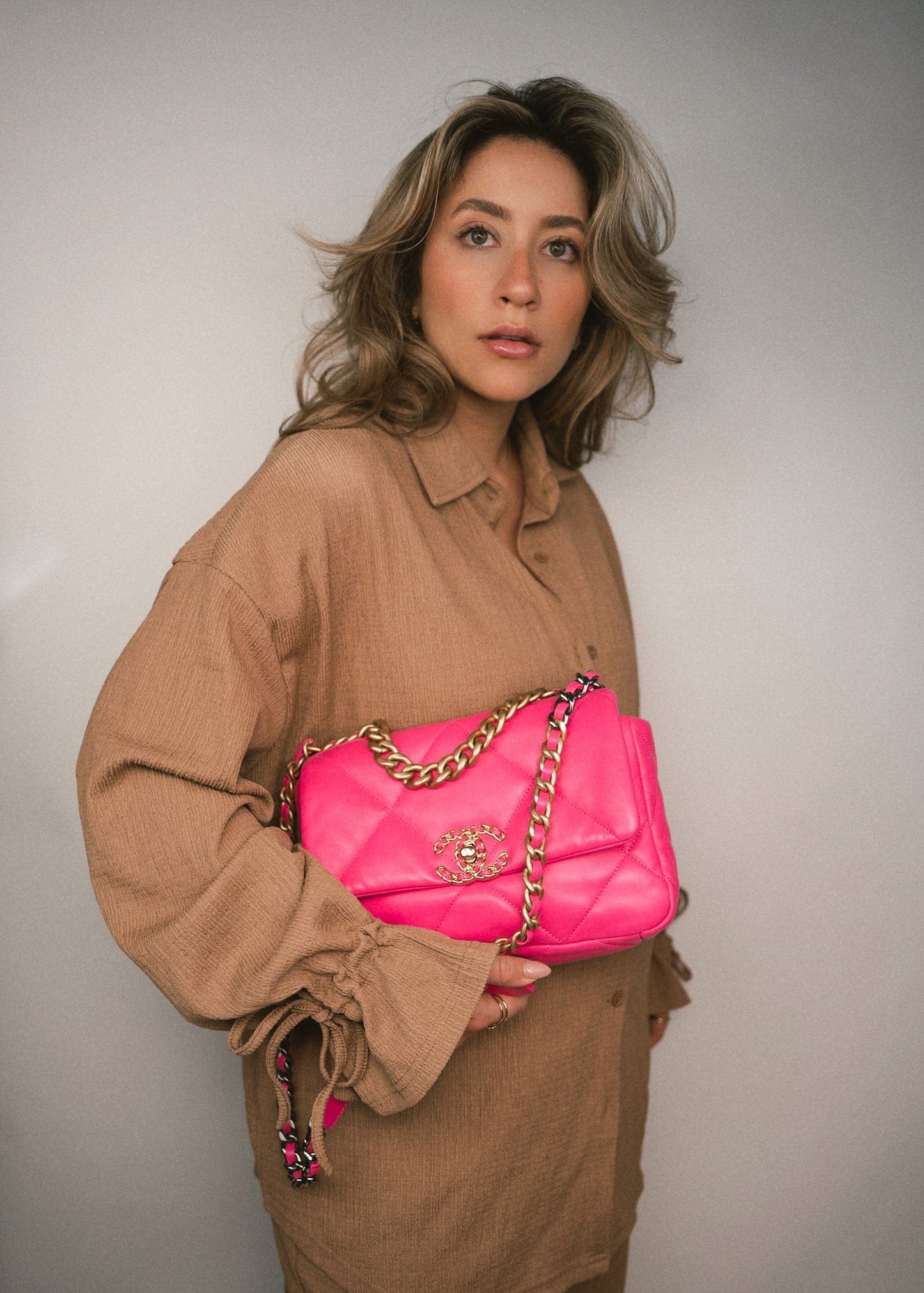 22P Pink Lambskin Quilted 19 Flap Small