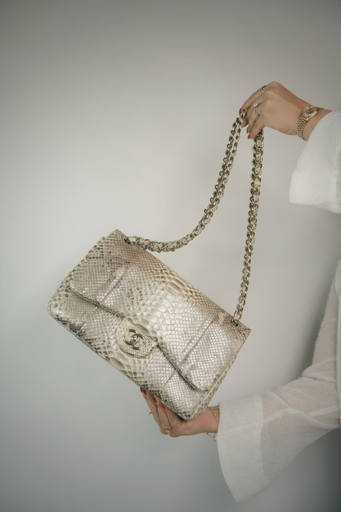 Pearl Python Jumbo Classic Flap Light Gold Hardware