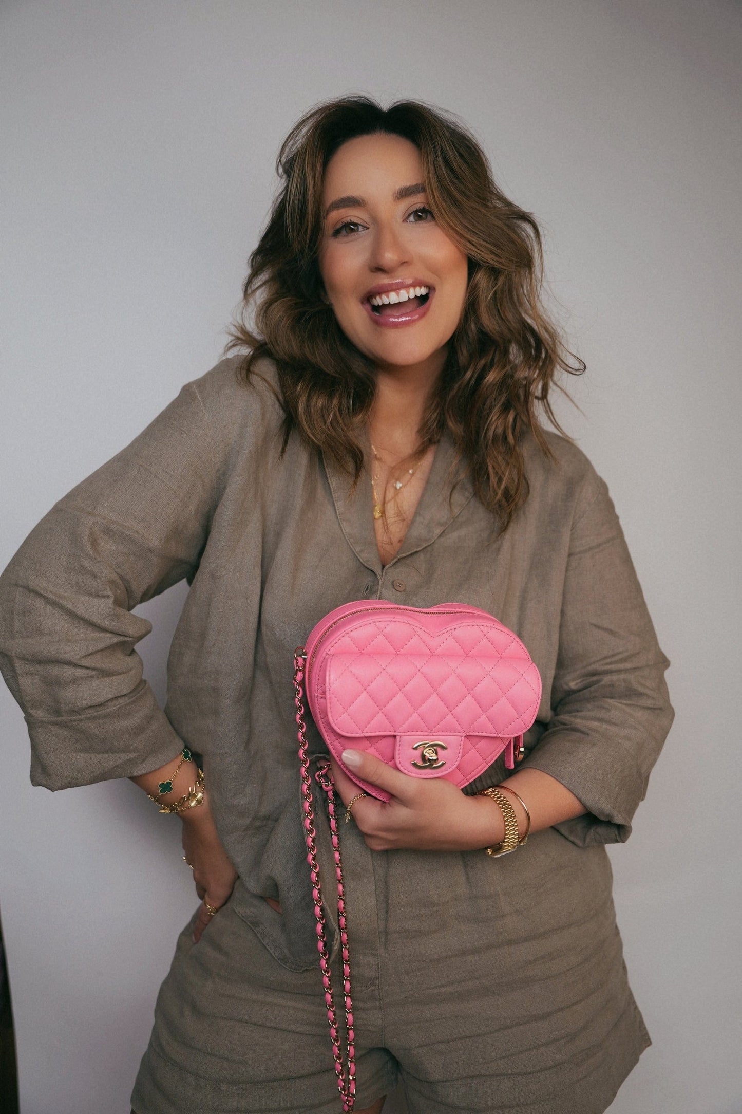 22S CC In Love Heart Zipped Pink Lambskin Quilted Belt Bag LGHW