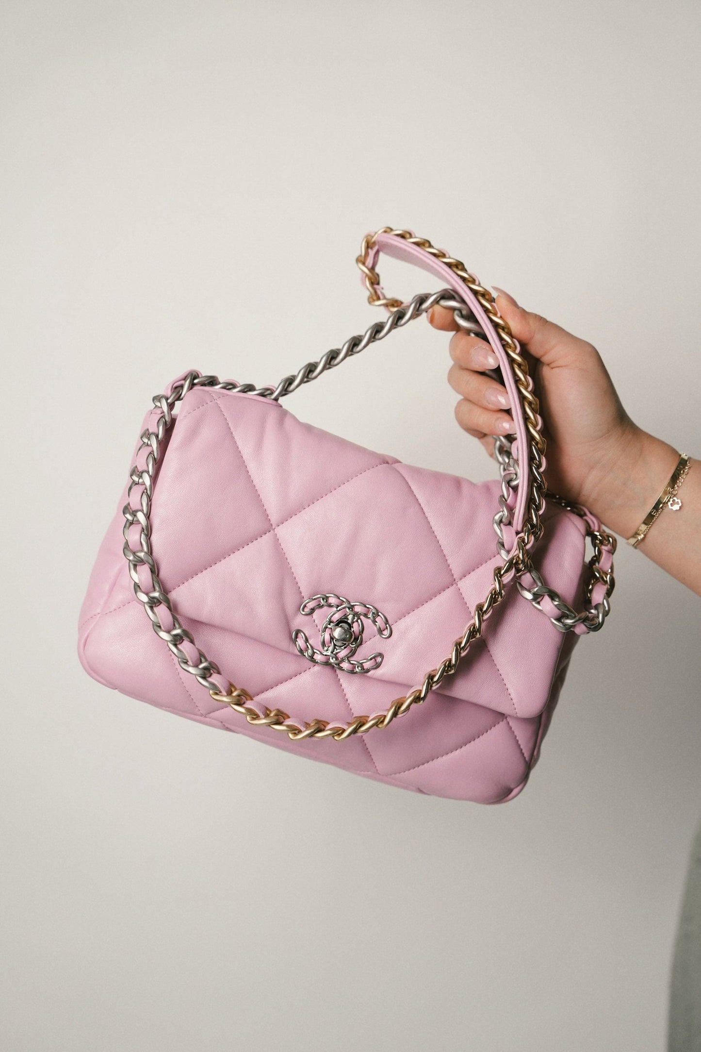 Light Pink Lambskin Quilted 19 Flap Small MHW