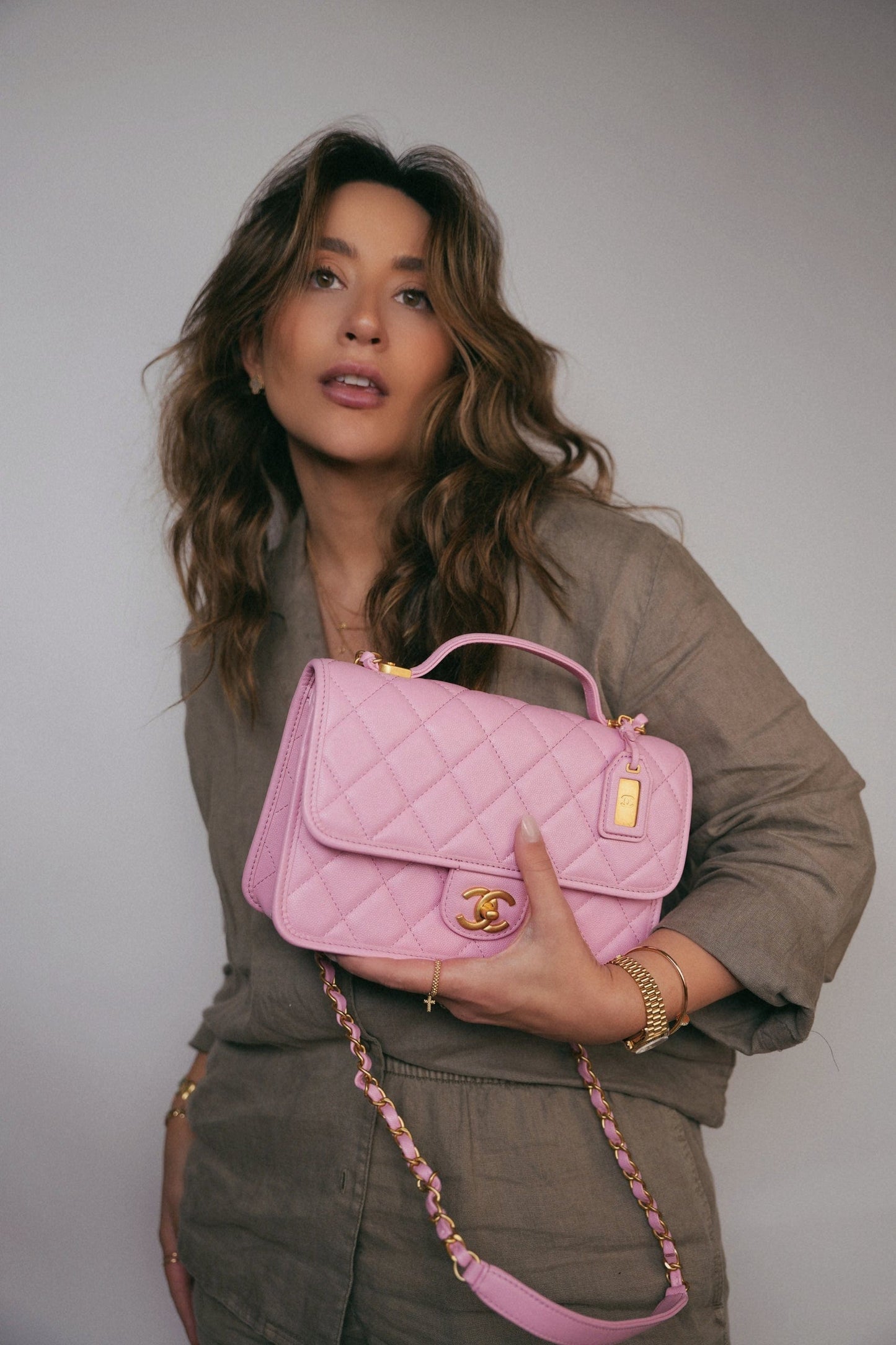 22K Pink Caviar Quilted School Memory Top Handle Flap Aged Gold Hardware