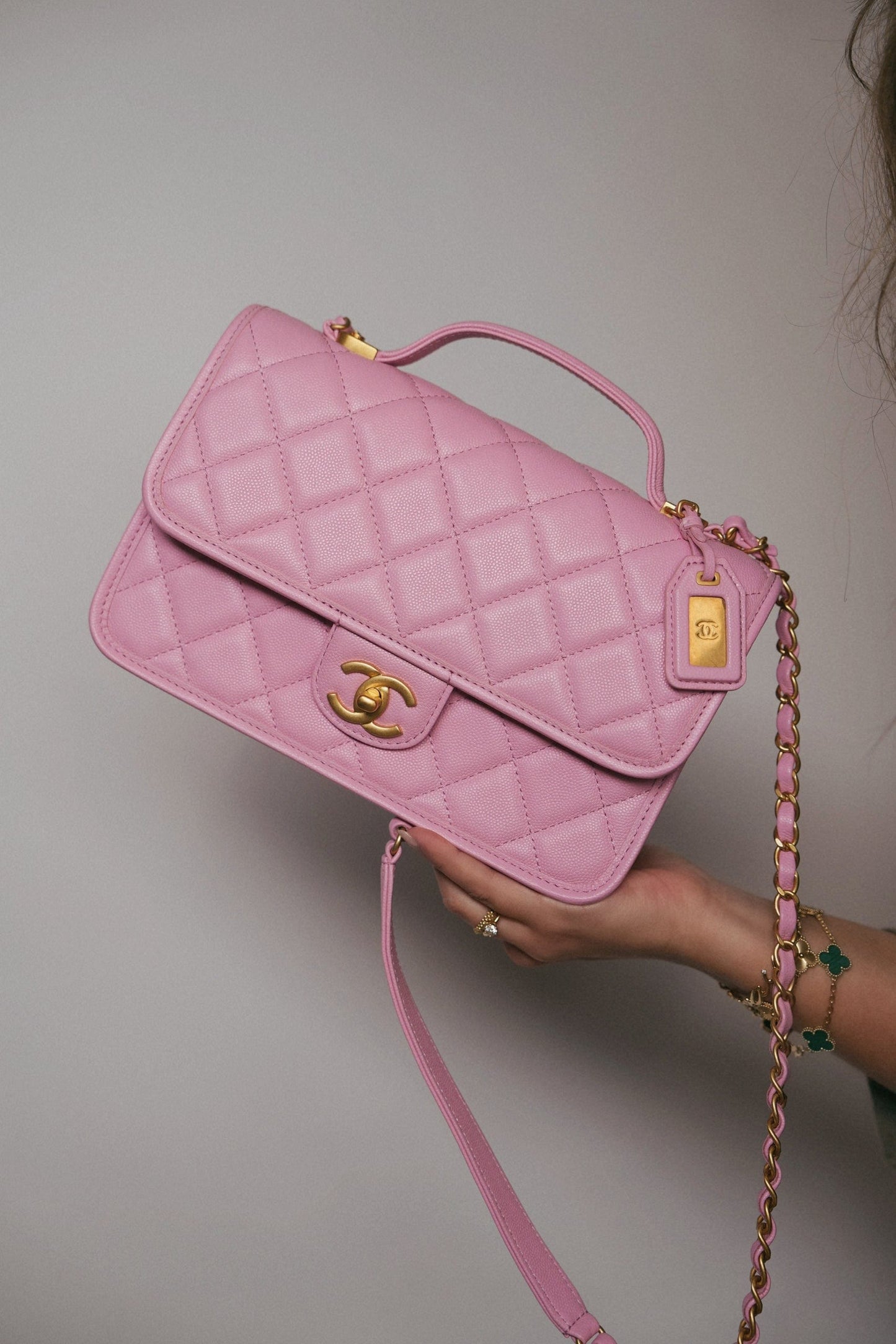 22K Pink Caviar Quilted School Memory Top Handle Flap Aged Gold Hardware