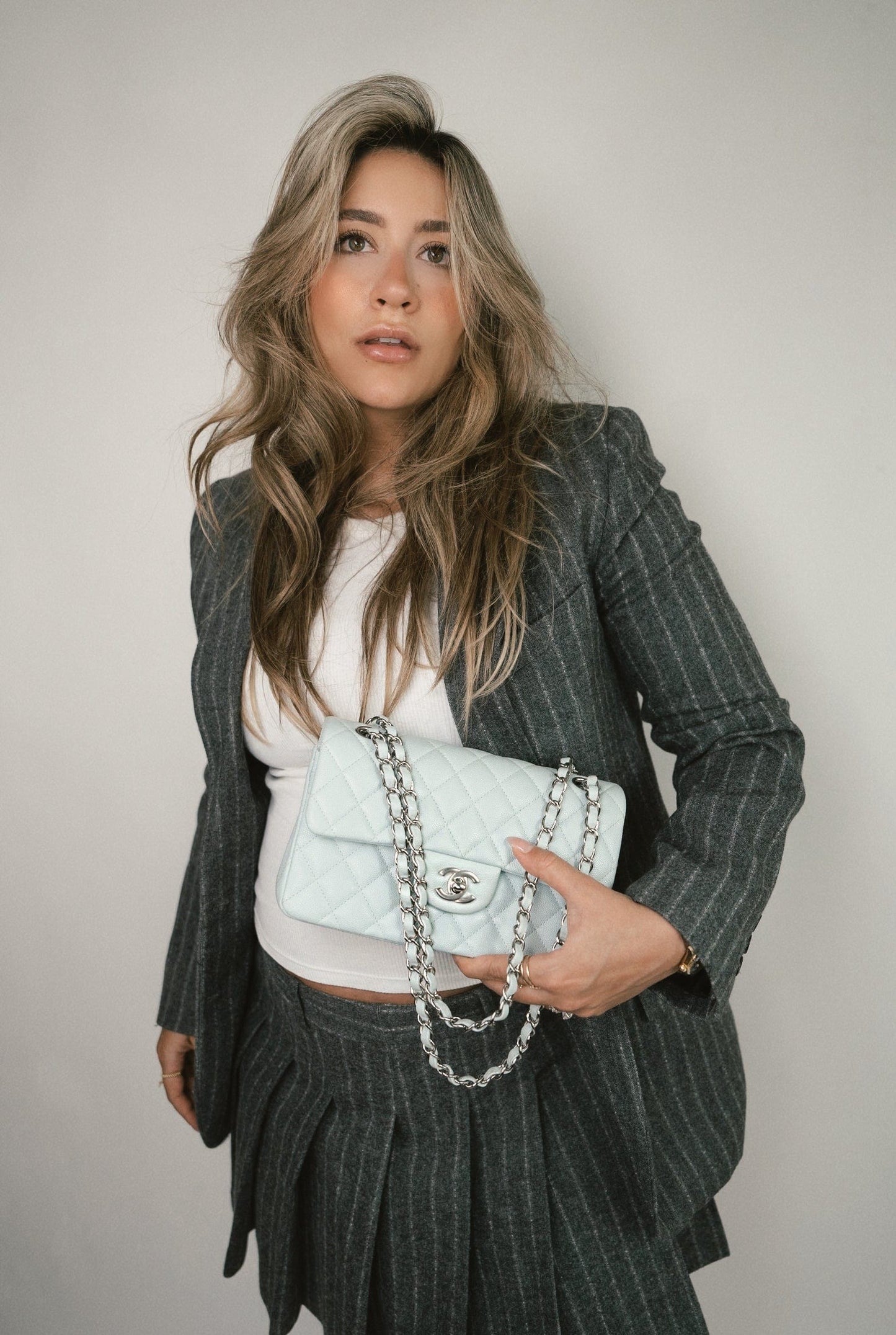 Light Blue Caviar Quilted Classic Flap Small Silver Hardware