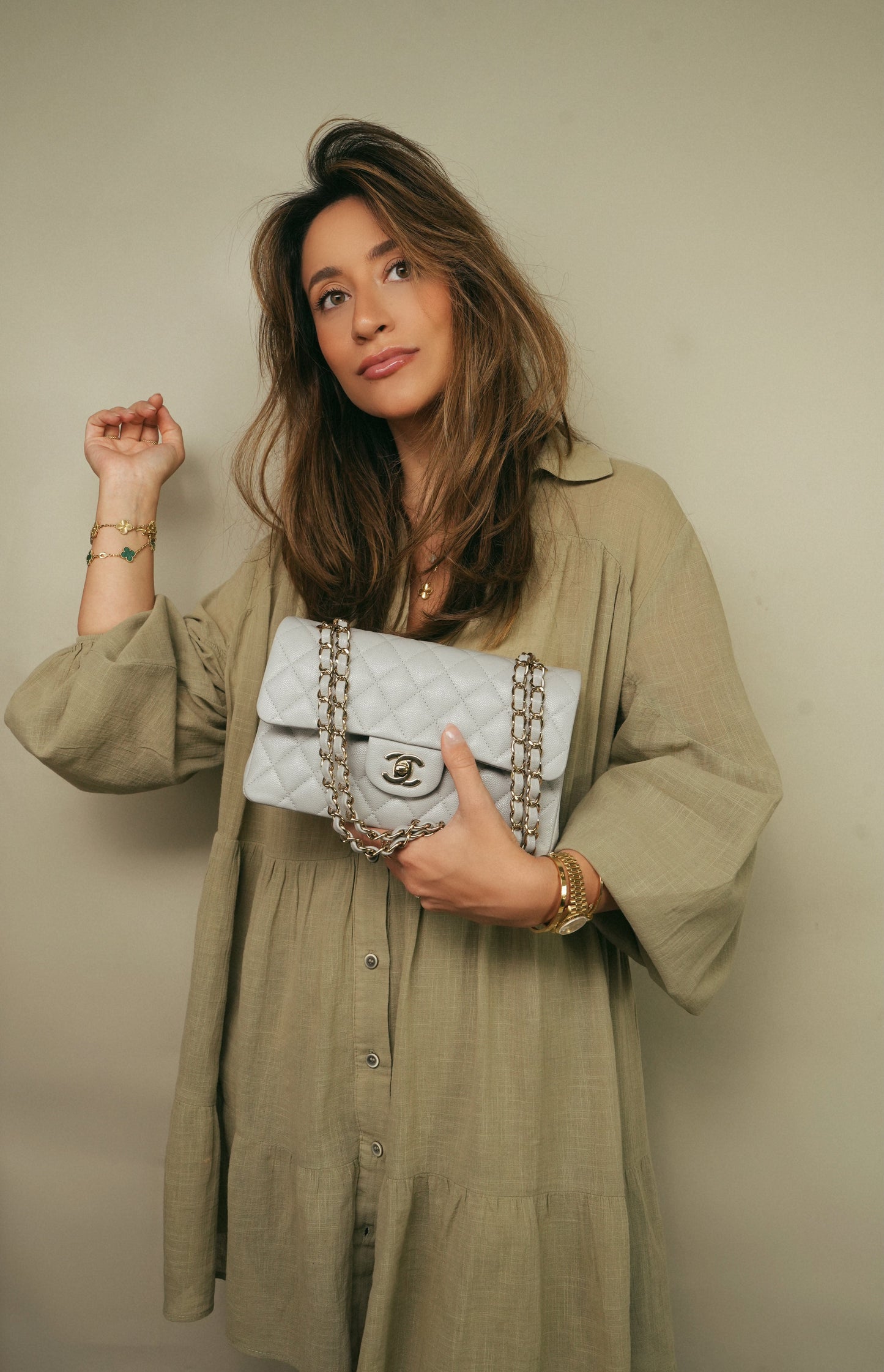 21A Grey Caviar Quilted Classic Flap Small Light Gold Hardware