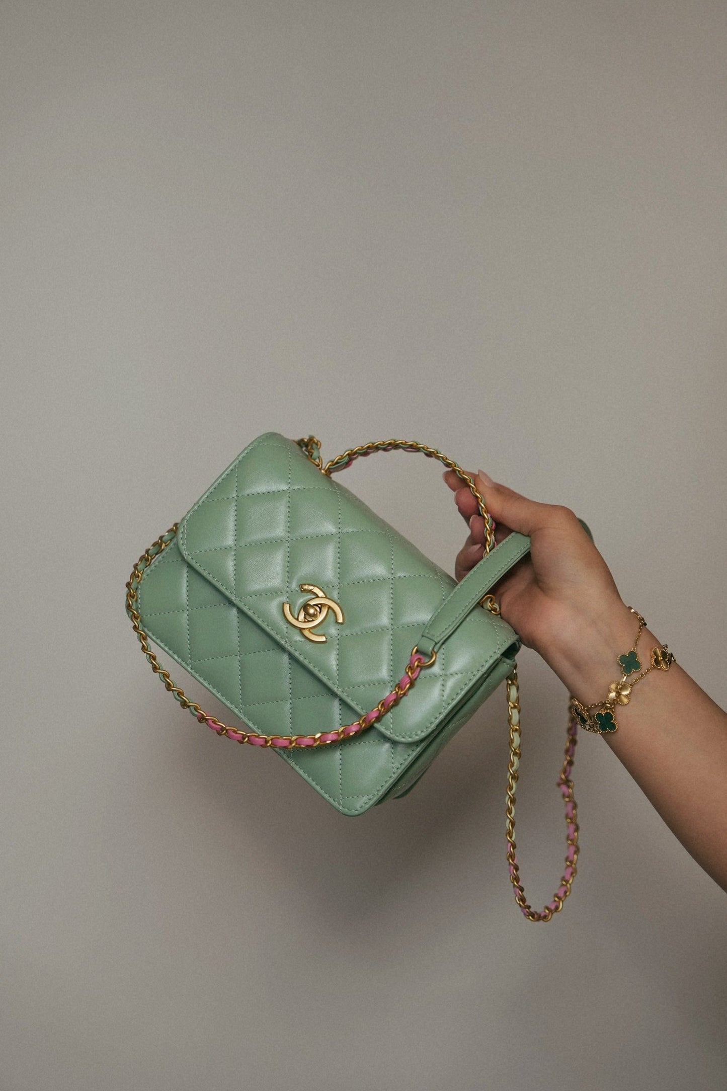 23P Light Green Lambskin Quilted Funkytown Flap Bag Antique Gold Hardware