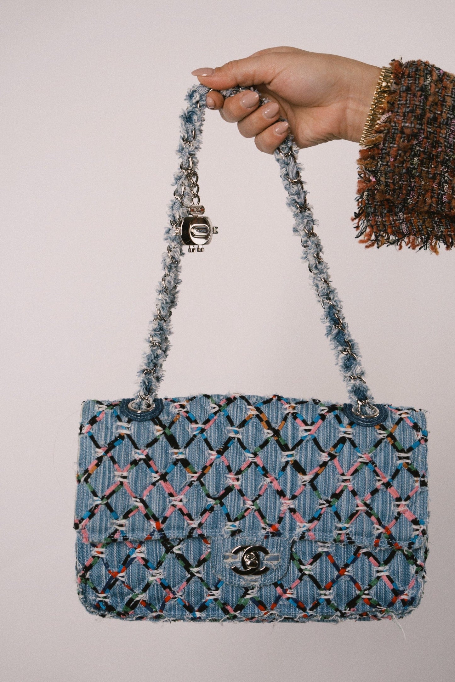 17S Woven Denim Multicolor Medium Flap Silver Hardware