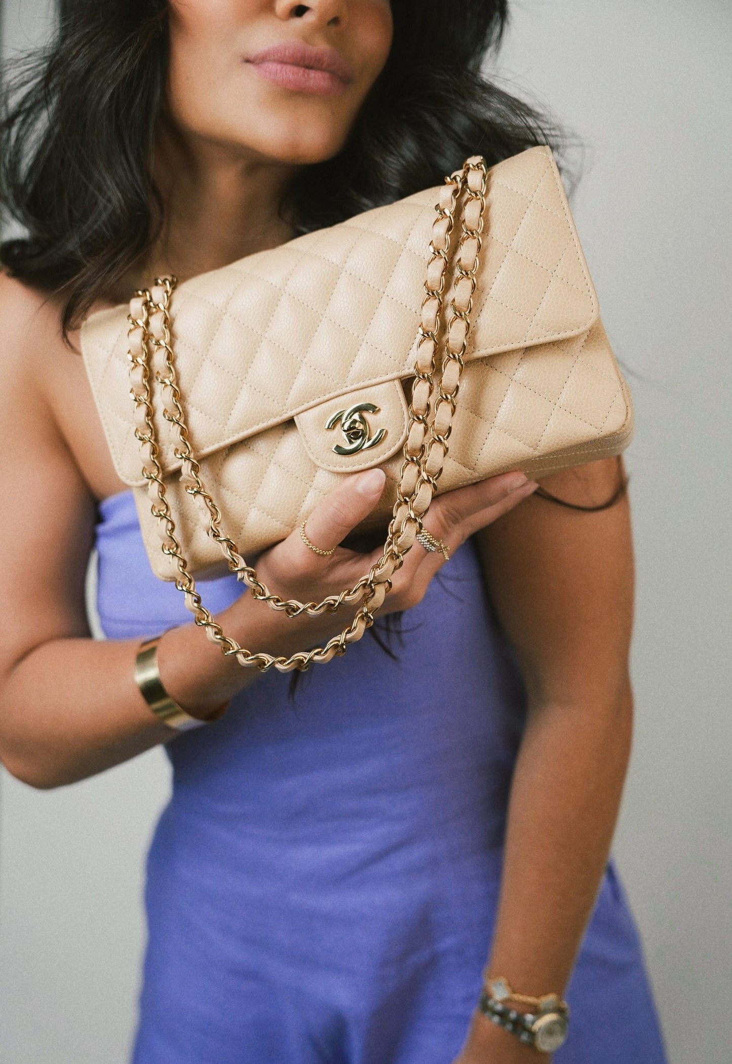 Beige Clair Caviar Quilted Classic Flap Medium Gold Hardware