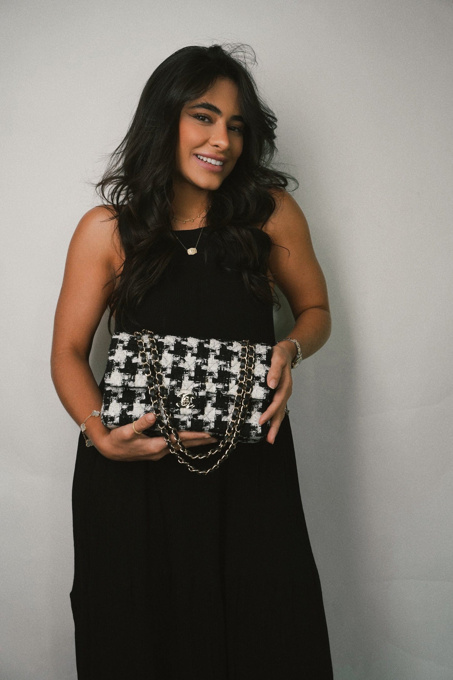 20S Black White Houndstooth Tweed Quilted Classic Flap Medium LGHW