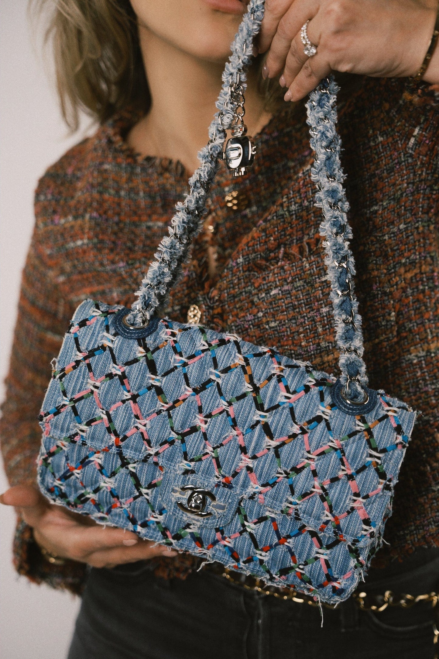 17S Woven Denim Multicolor Medium Flap Silver Hardware