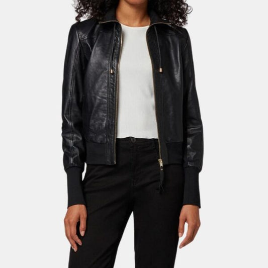 Women’s High Neck Black Leather Bomber Jacket