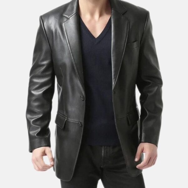 Black Leather Blazer Jacket Mens Classic Slim Fit