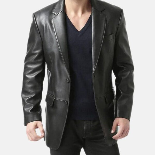 Black Leather Blazer Jacket Mens Classic Slim Fit