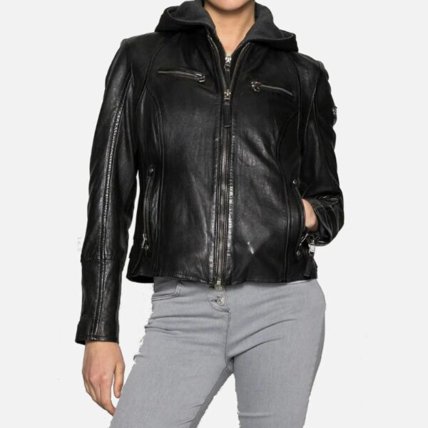 Black Cafe Racer Womens Jacket With Removable Hood