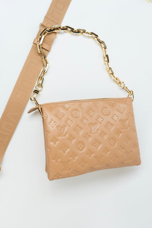 Louis Vuitton Monogram Coussin PM Camel Lambskin Embossed
