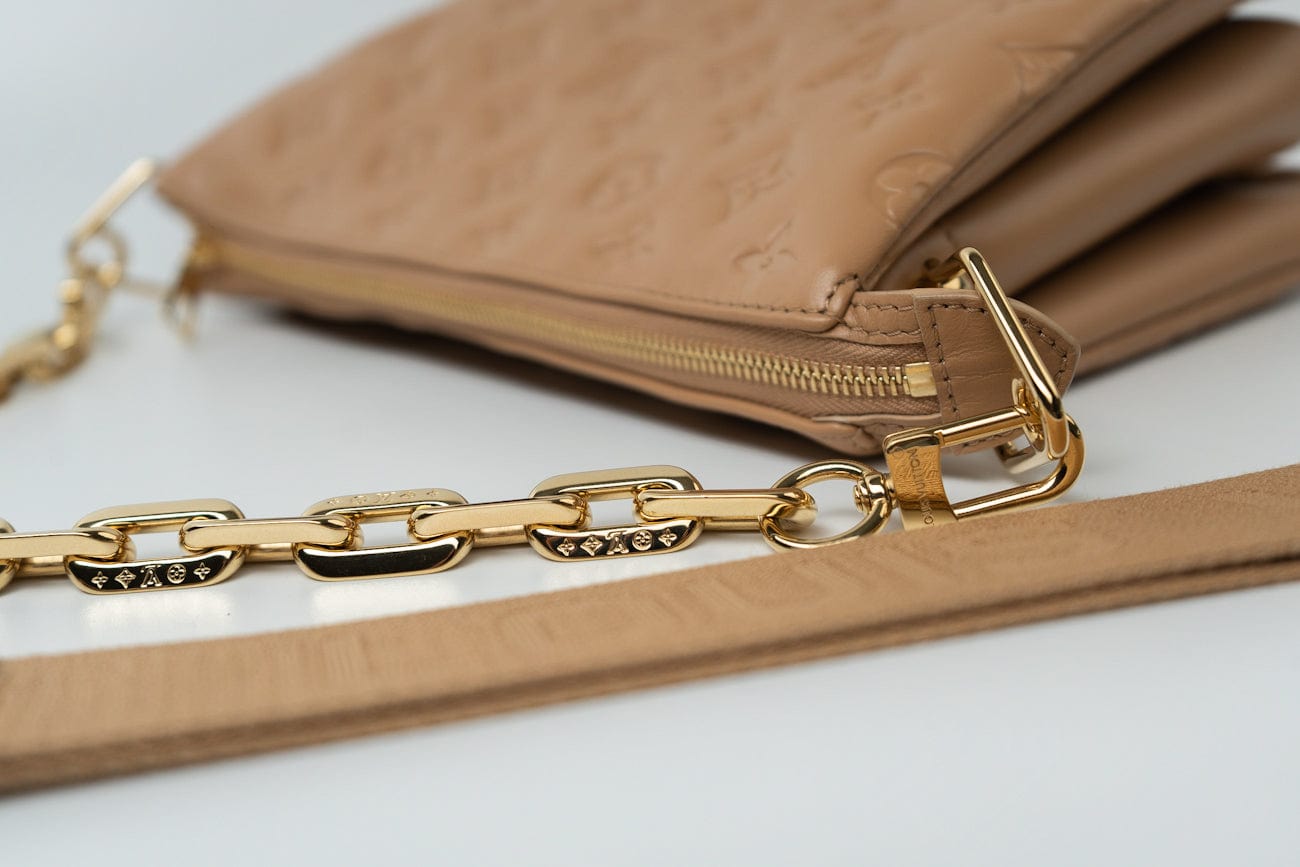 Louis Vuitton Monogram Coussin PM Camel Lambskin Embossed