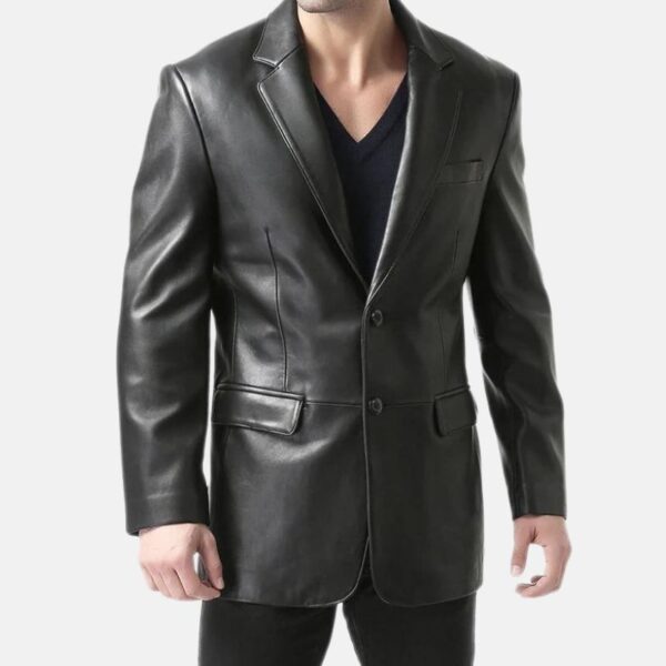 Black Leather Blazer Jacket Mens Classic Slim Fit