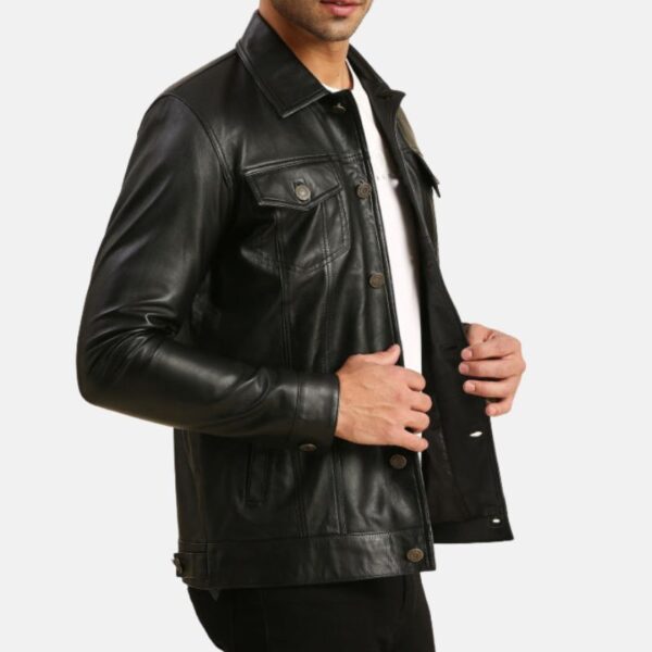 Black Trucker Leather Jacket Mens Casual Tom