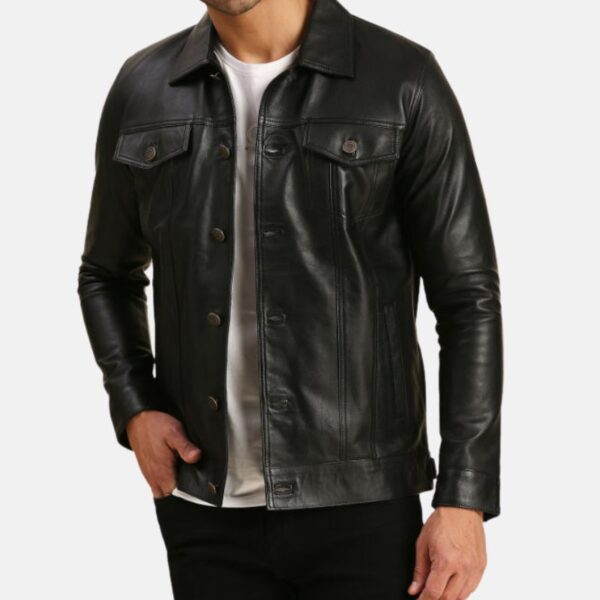 Black Trucker Leather Jacket Mens Casual Tom
