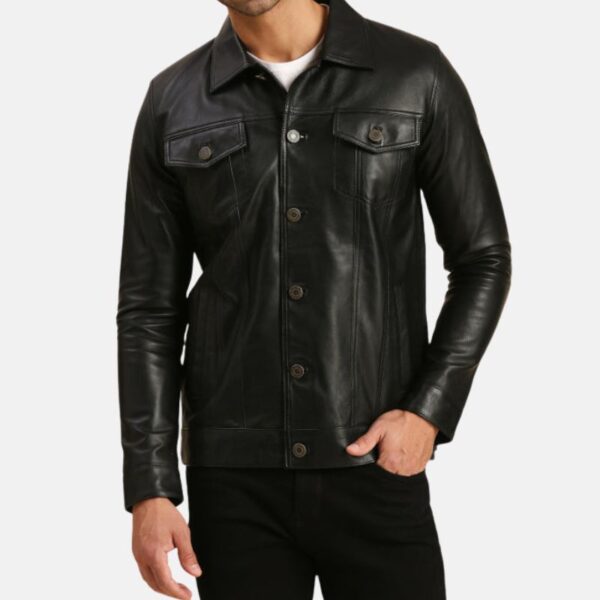 Black Trucker Leather Jacket Mens Casual Tom