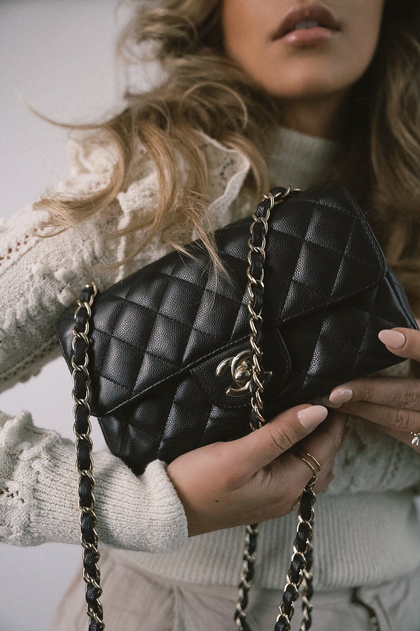 Black Caviar Quilted Mini Rectangular Flap Light Gold Hardware