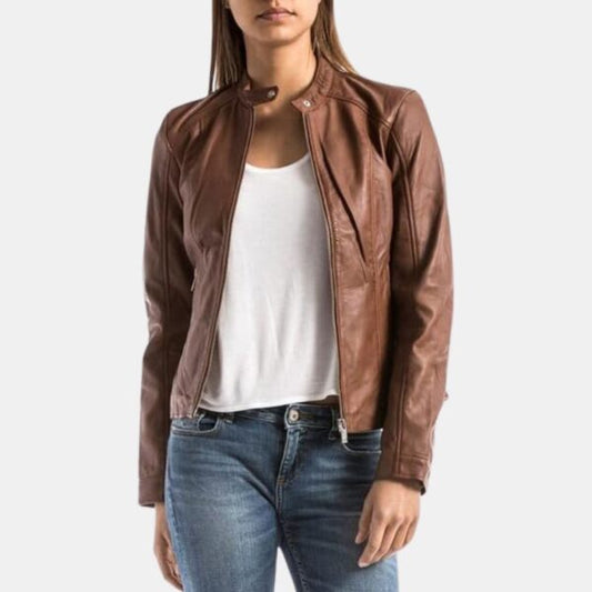 Casual Brown Slim Fit Women Leather Jacket