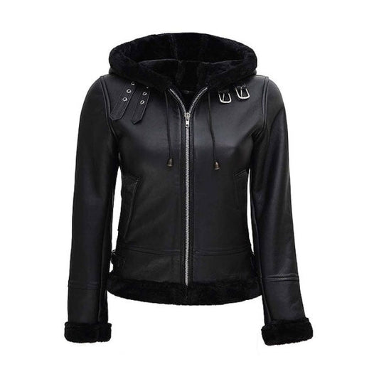 Black Bomber Women’s Jacket With Fur Hood