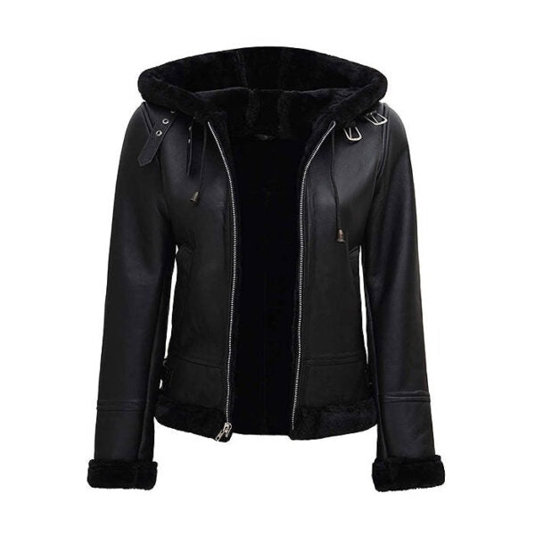 Black Bomber Women’s Jacket With Fur Hood