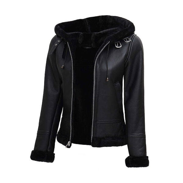 Black Bomber Women’s Jacket With Fur Hood
