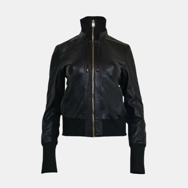 Women’s High Neck Black Leather Bomber Jacket